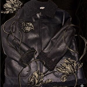 MAX STUDIO: Shearling Collar Faux Leather Jacket - Black